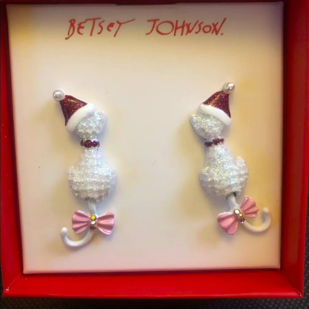 Betsey Johnson Gold Tone White Santa Cat Drop Earrings Movable Tail NWT